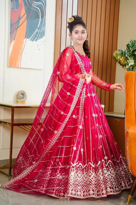 Gheludi Girls Lehenga Choli Party Wear Embroidered Lehenga, Choli and Dupatta Set(Pink, Pack of 1)