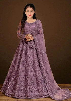 RUKHA FAB Girls Lehenga Choli Party Wear Embroidered Lehenga, Choli and Dupatta Set(Purple, Pack of 1)
