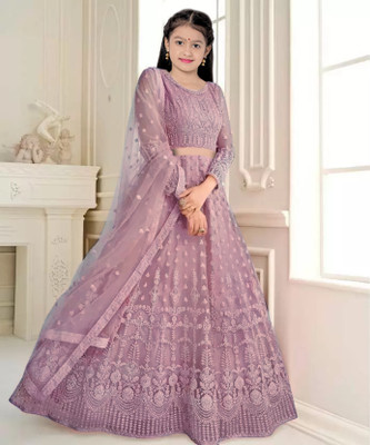 PILUDI Girls Lehenga Choli Ethnic Wear Embroidered Lehenga, Choli and Dupatta Set(Blue, Pack of 1)