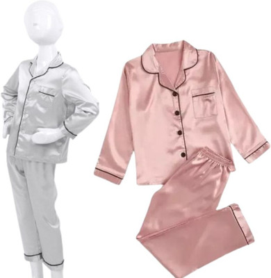 VC FASHION HUB Kids Nightwear Baby Boys & Baby Girls Self Design Pure Satin(Multicolor Pack of 2)