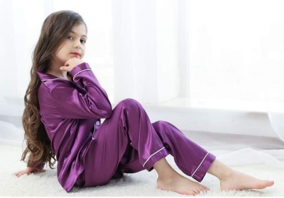VC FASHION HUB Kids Nightwear Baby Boys & Baby Girls Self Design Pure Satin(Purple Pack of 1)