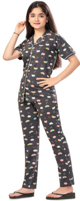 Bloem Kids Nightwear Girls Printed Cotton(Grey Pack of 1)