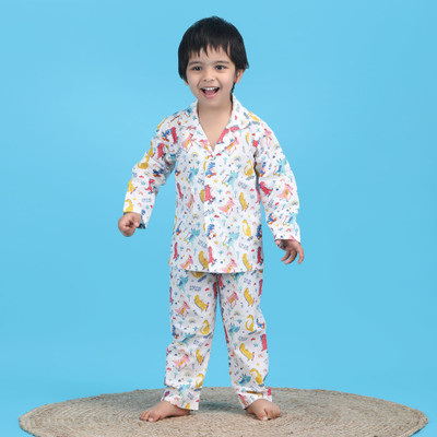 POLKA TOTS Kids Nightwear Baby Boys Printed Cotton(White Pack of 1)