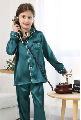 VC FASHION HUB Kids Nightwear Girls Solid Pure Satin(Dark Green Pack of 1)