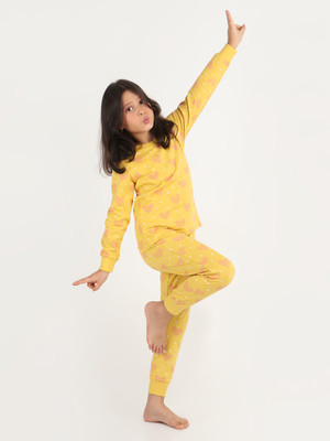 Reborn Kids Nightwear Girls Floral Print Cotton(Yellow Pack of 1)