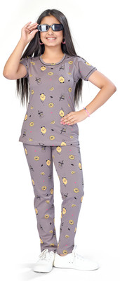 HouseOfCommon Kids Nightwear Girls Printed Cotton(Grey Pack of 1)