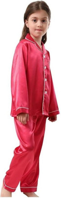 VCD FASHION TREND Kids Nightwear Boys & Girls Solid Pure Satin(Maroon Pack of 1)