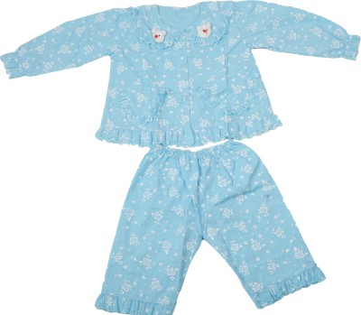 rayie collection Kids Nightwear Girls Printed Cotton Blend(Blue Pack of 1)