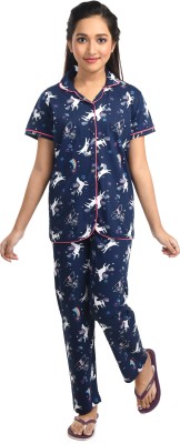 Clothe Funn Kids Nightwear Girls Printed Cotton(Dark Blue Pack of 1)