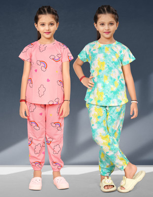 anikaenterprise Kids Nightwear Baby Girls Printed Cotton Blend(Multicolor Pack of 2)