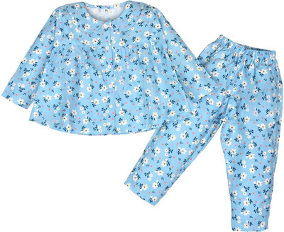 CERABI APPARELS PVT LTD Kids Nightwear Girls Printed Polycotton(Blue Pack of 1)