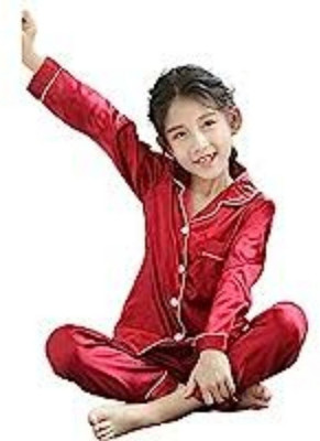 VCD FASHION HUB Kids Nightwear Boys & Girls Solid Pure Satin(Maroon Pack of 1)