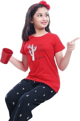 SHREE SHYAM TEXTILE Kids Nightwear Girls Printed Cotton(Red Pack of 1)