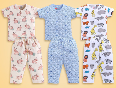 SUPERSQUAD Kids Nightwear Baby Boys & Baby Girls Printed Cotton(Multicolor Pack of 3)