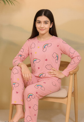vrajraj Kids Nightwear Girls Printed Polyester Blend(Pink Pack of 1)