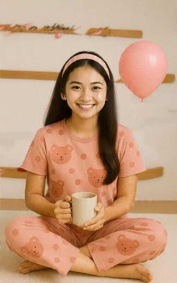 BM7STAR Kids Nightwear Girls Printed Cotton Blend(Pink Pack of 1)