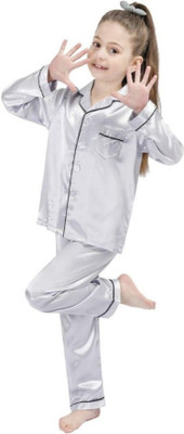 VC FASHION HUB Kids Nightwear Girls Self Design Pure Satin(Grey Pack of 1)