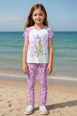Clothe Funn Kids Nightwear Girls Printed Cotton(Purple Pack of 1)