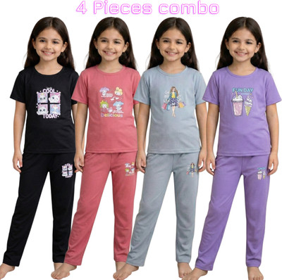 rettiftUo esulPA Kids Nightwear Girls Solid Cotton Blend(Multicolor Pack of 4)