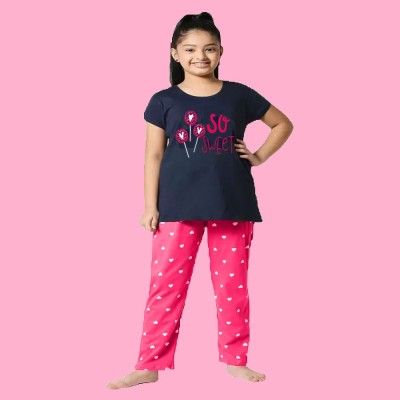 DRUZZEE Kids Nightwear Girls Printed Cotton Blend(Dark Blue Pack of 1)