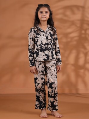 Sanskrutihomes Girls Floral Print Black Night Suit Set