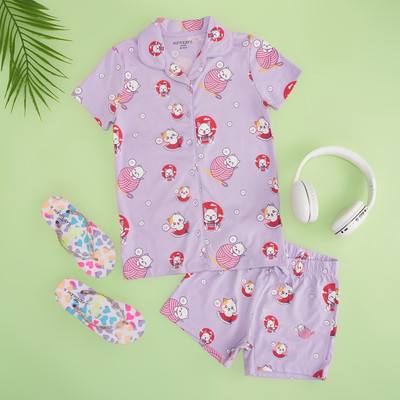 Pantaloons Junior Kids Nightwear Girls Printed Cotton Blend(Purple Pack of 1)