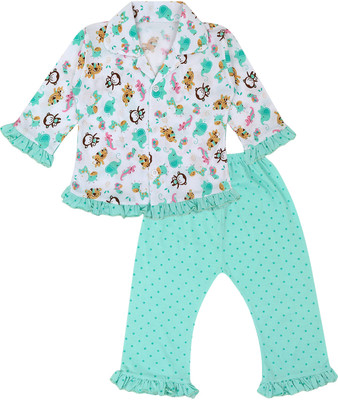 Superminis Kids Nightwear Girls Printed Fleece Blend(Green Pack of 1)