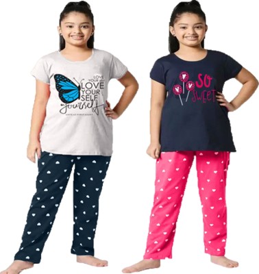 HEYDALS Kids Nightwear Girls Printed Cotton Blend(Multicolor Pack of 2)