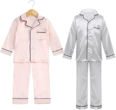 VCD FASHION HUB Kids Nightwear Baby Boys & Baby Girls Self Design Pure Satin(Multicolor Pack of 2)