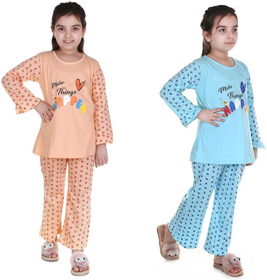 Jain Trader Kids Nightwear Baby Girls Printed Cotton Blend(Multicolor Pack of 2)