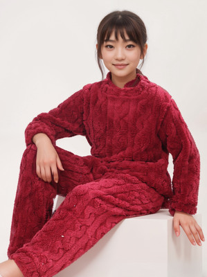 Lugo Kids Nightwear Boys & Girls Self Design Fleece Blend(Maroon Pack of 1)