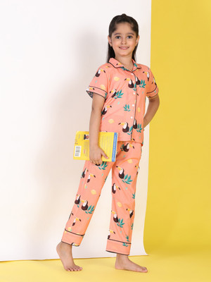 maaesa Kids Nightwear Girls Printed Cotton Blend(Orange Pack of 1)