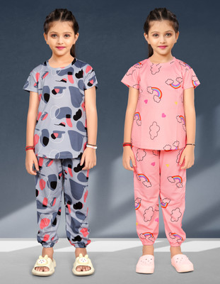 anikaenterprise Kids Nightwear Baby Girls Printed Cotton Blend(Multicolor Pack of 2)