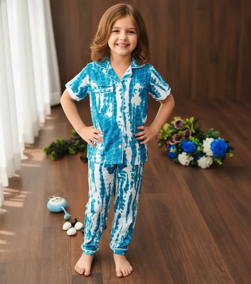 BELADIYA FASHION Kids Nightwear Girls Tie - Dye Silk Blend(Blue Pack of 1)