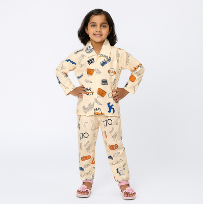 Satrangi Kids Nightwear Girls Printed Cotton(Beige Pack of 1)
