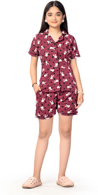 Bloem Kids Nightwear Girls Graphic Print Cotton(Maroon Pack of 1)