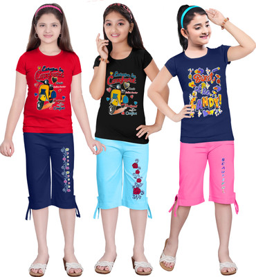 KS KOARA Girls Casual T-shirt Three Fourth Pant(77 MULTICOLOURRS)