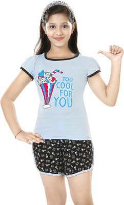 minipie Kids Nightwear Girls Printed Cotton(Blue Pack of 1)