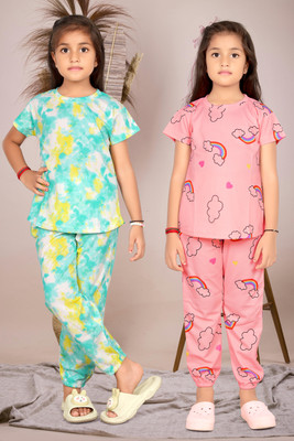 Amreliya Style Kids Nightwear Girls Printed, Tie - Dye Cotton Blend(Multicolor Pack of 2)