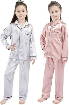 VDC CREATION Kids Nightwear Baby Boys & Baby Girls Self Design Pure Satin(Multicolor Pack of 2)