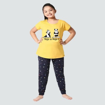 DRUZZEE Kids Nightwear Girls Printed Cotton Blend(Yellow Pack of 1)