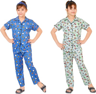 BURBN Kids Nightwear Girls Printed Cotton(Multicolor Pack of 2)