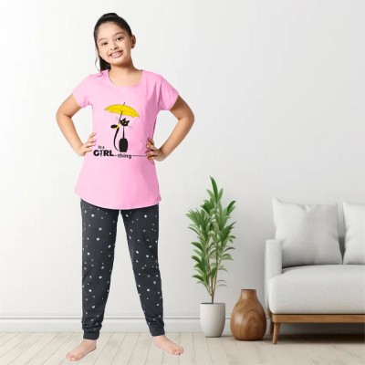 HEYDALS Kids Nightwear Girls Graphic Print Cotton Blend(Pink Pack of 1)