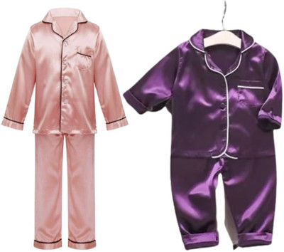 VC creation Kids Nightwear Baby Boys & Baby Girls Self Design Pure Satin(Multicolor Pack of 2)