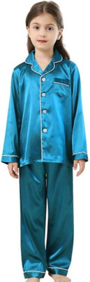 VC FASHION HUB Kids Nightwear Girls Solid Pure Satin(Blue Pack of 1)