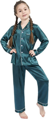 VC FASHION HUB Kids Nightwear Girls Solid Pure Satin(Dark Green Pack of 1)