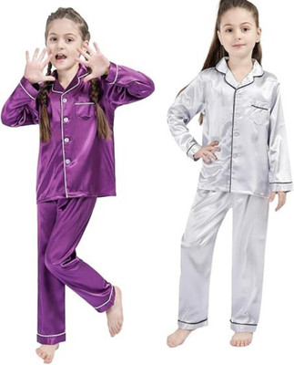 VCD FASHION TREND Kids Nightwear Baby Boys & Baby Girls Solid Pure Satin(Multicolor Pack of 2)