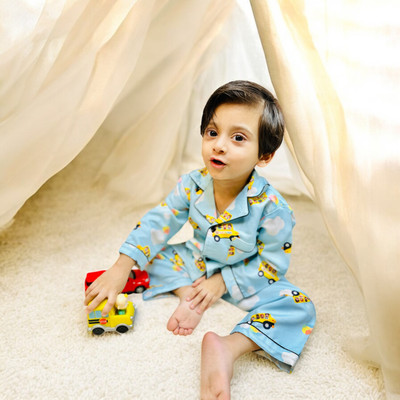 Coziko Kids Nightwear Baby Boys & Baby Girls Printed Cotton, Poly Satin(Blue Pack of 1)