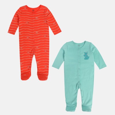 MINI KLUB Kids Nightwear Baby Girls Striped, Solid Cotton Blend(Orange Pack of 2)