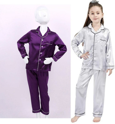 VCD FASHION TREND Kids Nightwear Baby Boys & Baby Girls Self Design Pure Satin(Multicolor Pack of 2)